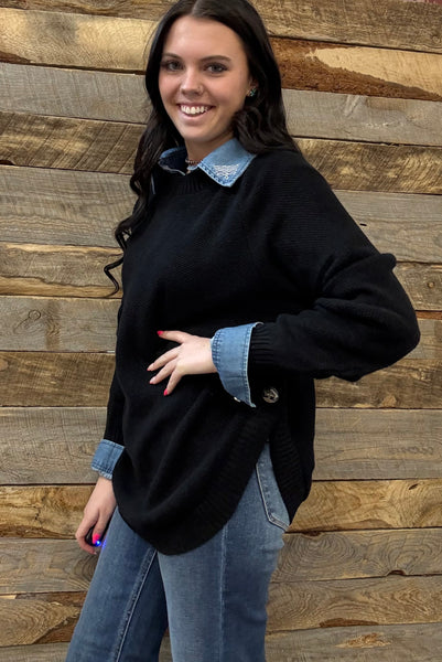 The Knitted Round Hem Sweater Buffalo Button Black Sweater