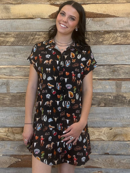 The Western Printed Button Down Black Tunic Dress