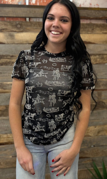 The Western Scene Short Sleeve Mesh Top