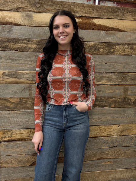 The Aztec Orange Mesh Top