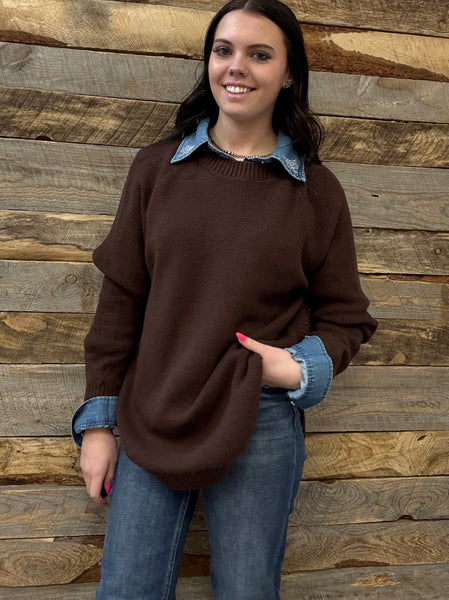 The Knitted Round Hem Sweater Buffalo Button Brown Sweater