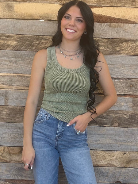 The Talk To Me Ash Olive Tank Top