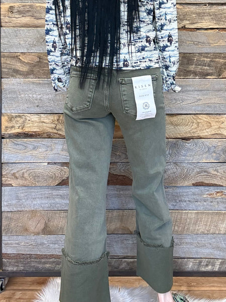The Teagan Tummy Control Mid Rise Wide Crop Burnt Olive Jeans