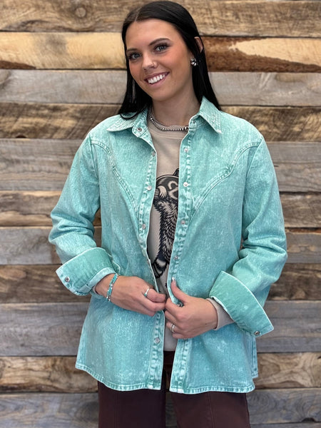 The Mineral Wash Mint Button Down Shirt Top