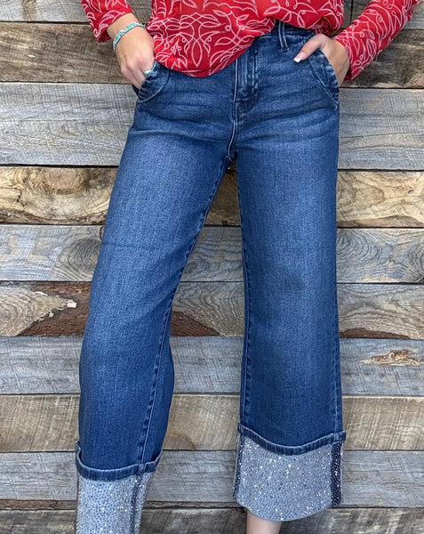 The Jill High Rise Wide Leg Rhinestone Jeans