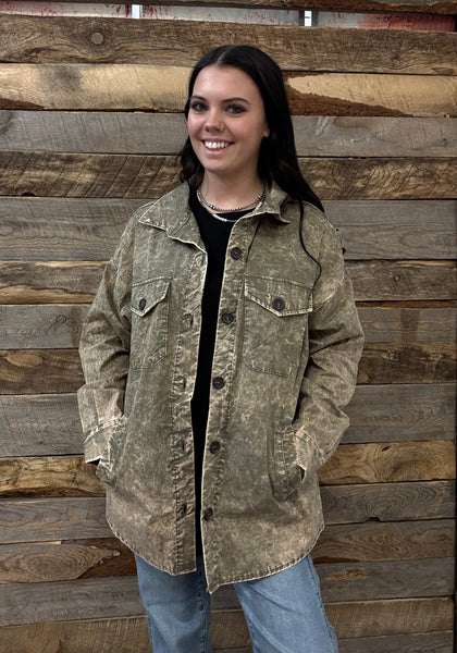 The Way To It Mineral Wash Button Olive Jacket