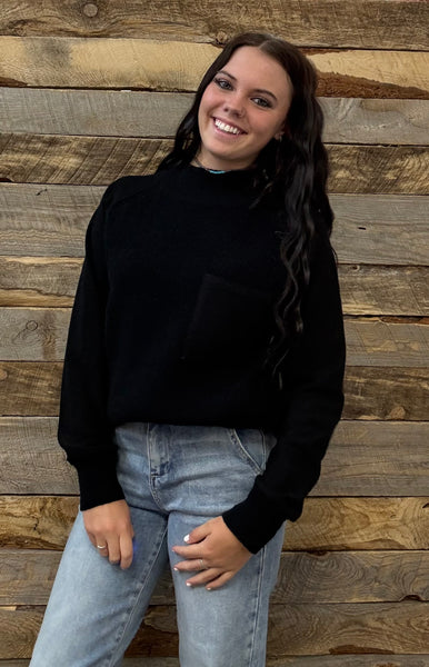 The Around Here Block Mock Neck Black Sweater