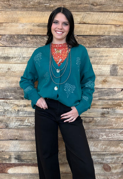 The Only Way Boot Stitch Turquoise Cardigan