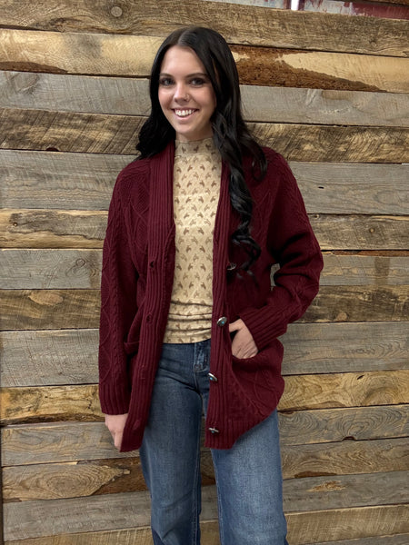 The Come Here Cable Knit Concho Burgundy Sweater Cardigan