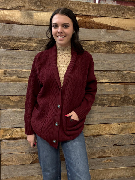 The Come Here Cable Knit Concho Burgundy Sweater Cardigan