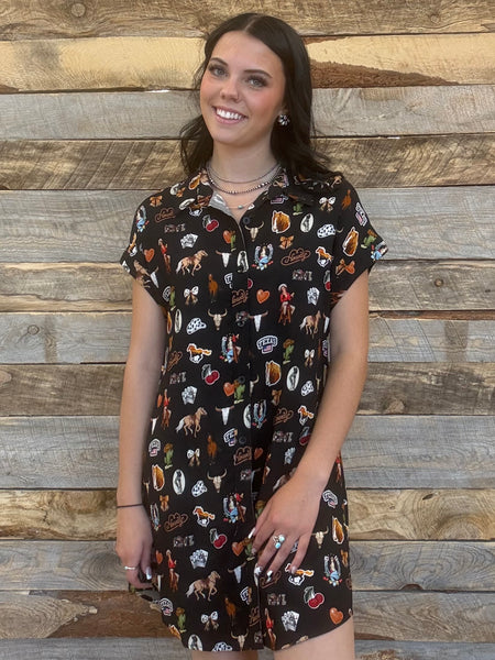 The Western Printed Button Down Black Tunic Dress
