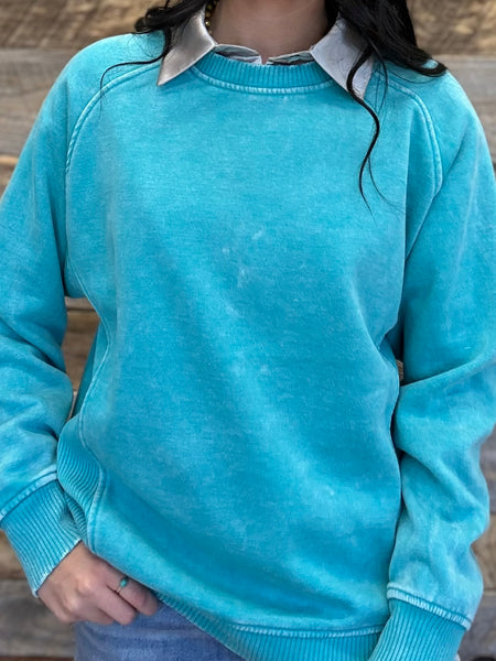 The We Went There Turquoise Acid Washed Fleece Sweatshirt