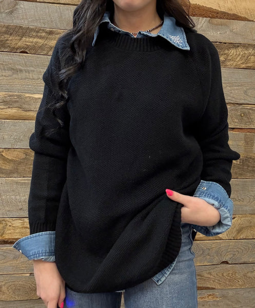 The Knitted Round Hem Sweater Buffalo Button Black Sweater