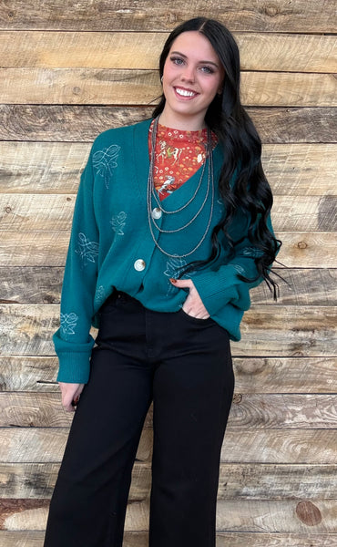The Only Way Boot Stitch Turquoise Cardigan