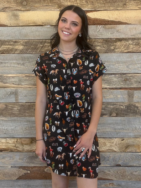 The Western Printed Button Down Black Tunic Dress