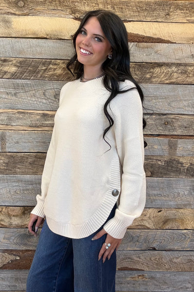 The Knitted Round Hem Sweater Buffalo Button Cream Sweater