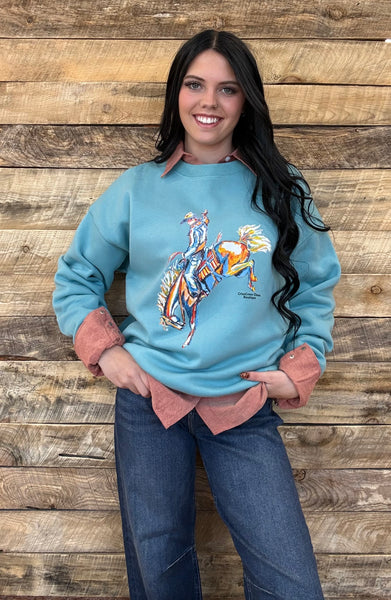 The Come Here CrissCross Chaos Bronc Steel Blue Sweatshirt