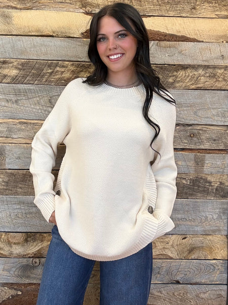 The Knitted Round Hem Sweater Buffalo Button Cream Sweater
