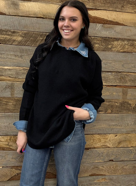 The Knitted Round Hem Sweater Buffalo Button Black Sweater