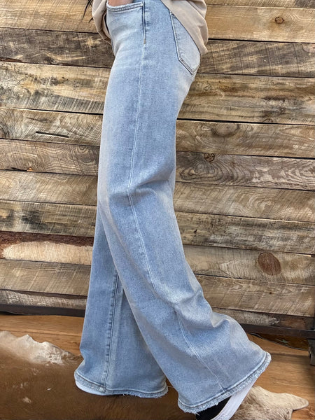 The Mistie High Rise Wide Leg Distressed Seam Jeans