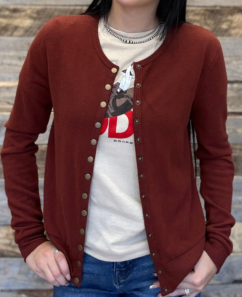 The Snap Button Sweater Rust Long Sleeve Cardigan