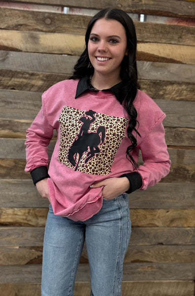 The CrissCross Chaos Leopard Bronc Pink Acid Wash Sweatshirt