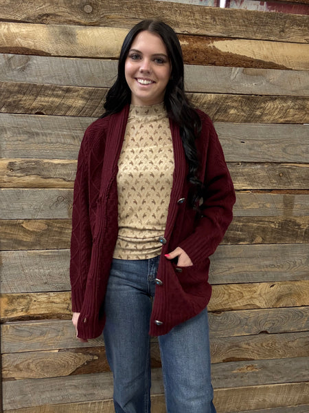 The Come Here Cable Knit Concho Burgundy Sweater Cardigan