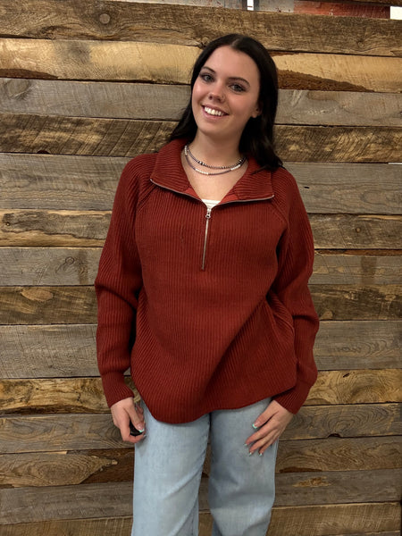 The Keep Me Here All Rust Quarter Zip Sweater