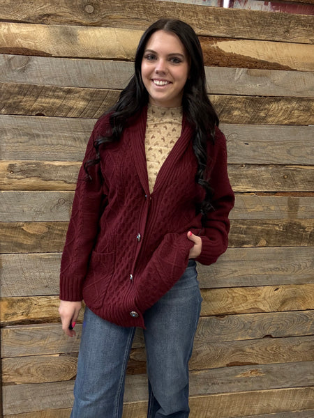 The Come Here Cable Knit Concho Burgundy Sweater Cardigan