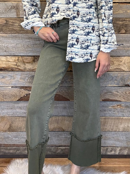 The Teagan Tummy Control Mid Rise Wide Crop Burnt Olive Jeans