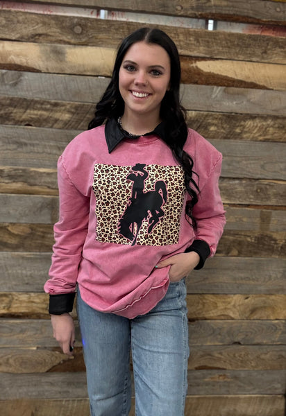 The CrissCross Chaos Leopard Bronc Pink Acid Wash Sweatshirt
