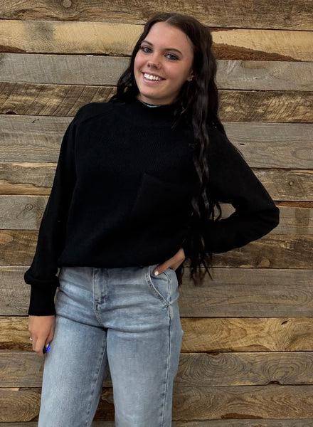 The Around Here Block Mock Neck Black Sweater