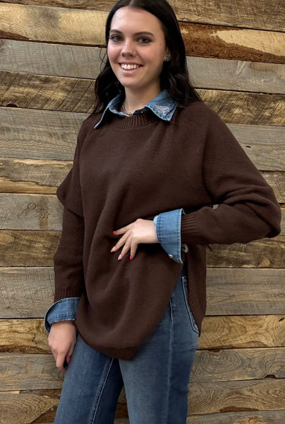 The Knitted Round Hem Sweater Buffalo Button Brown Sweater
