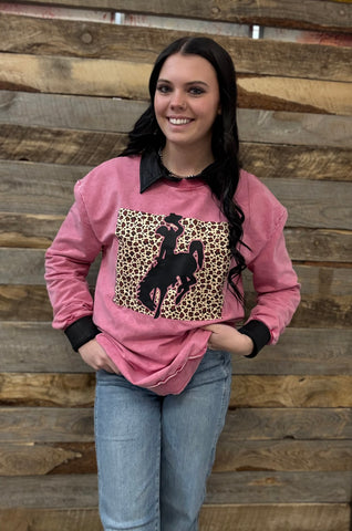 The CrissCross Chaos Leopard Bronc Pink Acid Wash Sweatshirt
