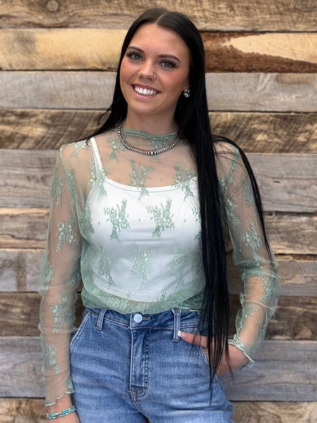 The Sage Green Lace Mesh Top