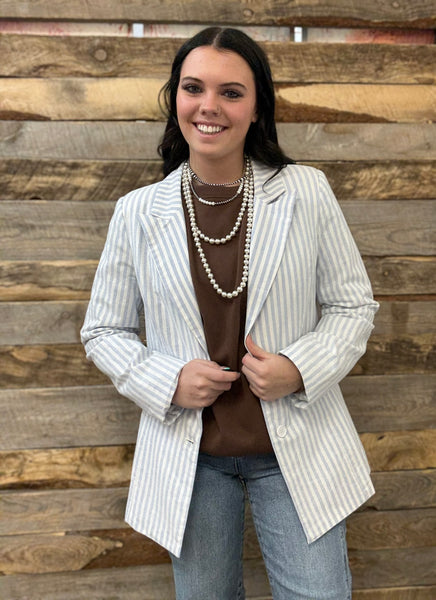 The Striped Woven Light Denim Blazer