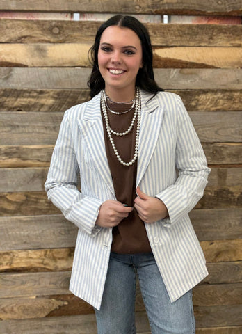 The Striped Woven Light Denim Blazer