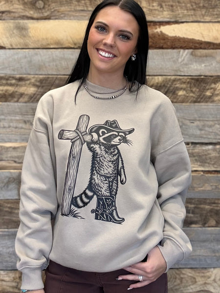 The Cowboy Raccoon Cross Mocha Sweatshirt