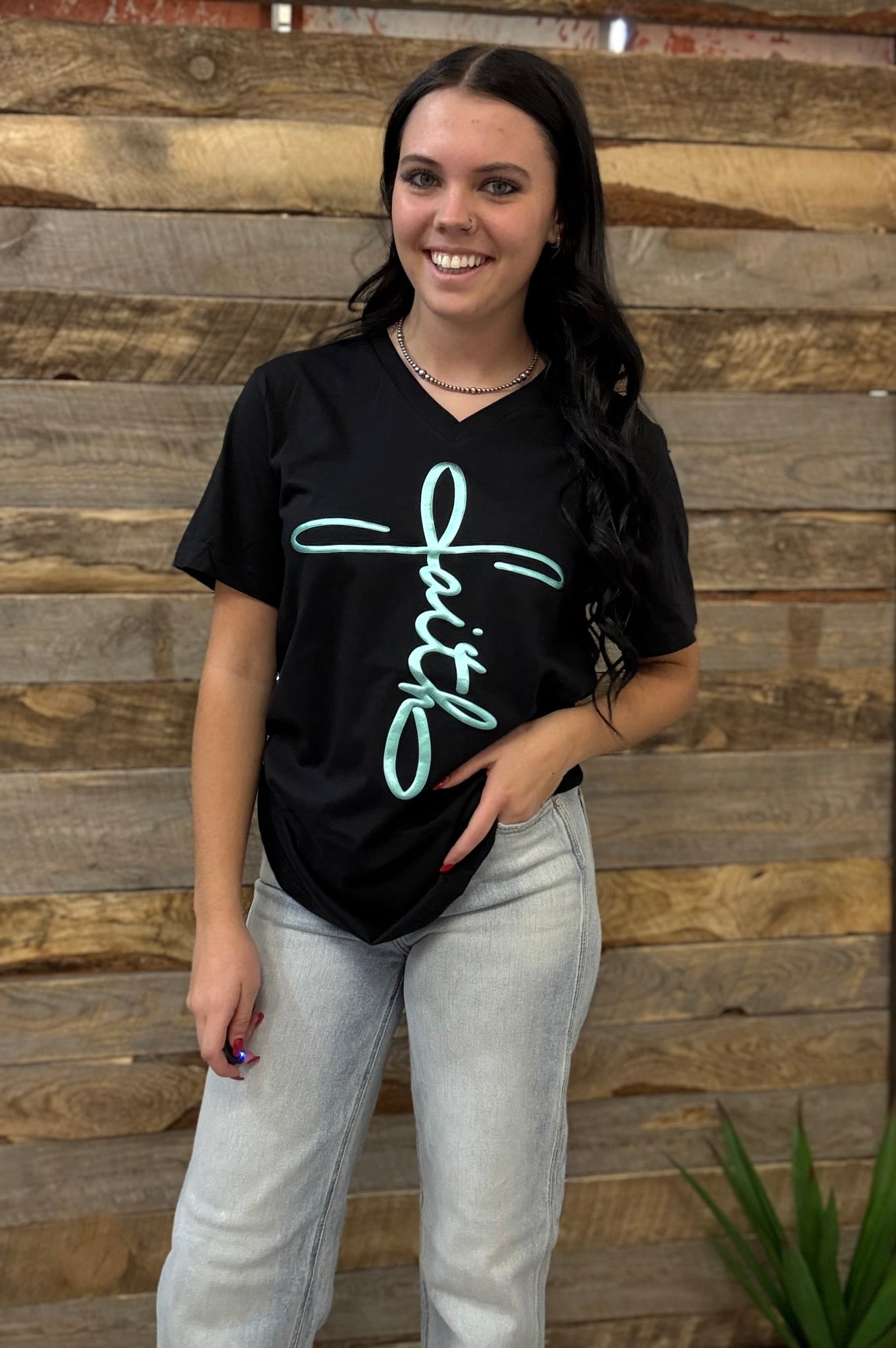 The Faith Puff Black V Neck Tee