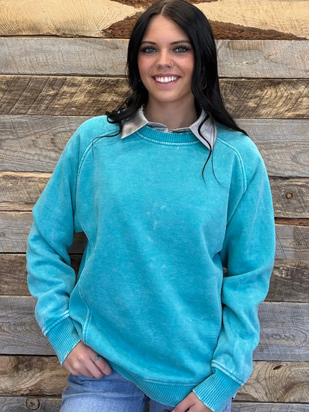 The We Went There Turquoise Acid Washed Fleece Sweatshirt