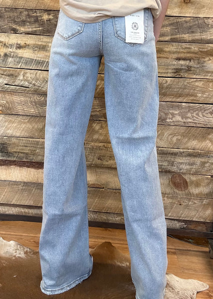 The Mistie High Rise Wide Leg Distressed Seam Jeans