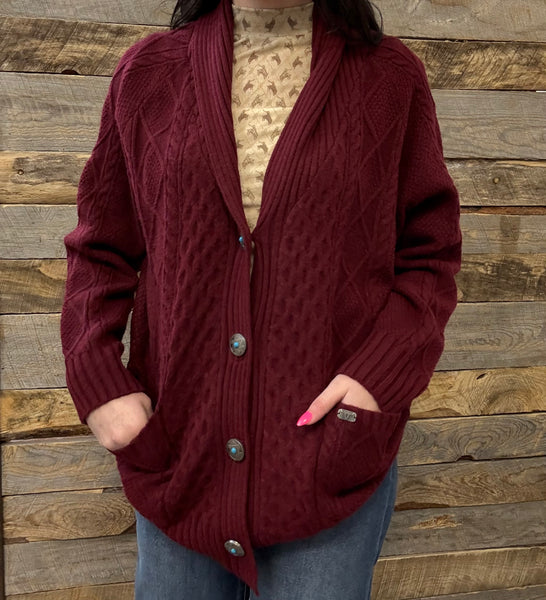 The Come Here Cable Knit Concho Burgundy Sweater Cardigan