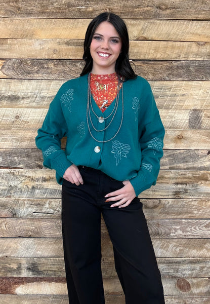 The Only Way Boot Stitch Turquoise Cardigan
