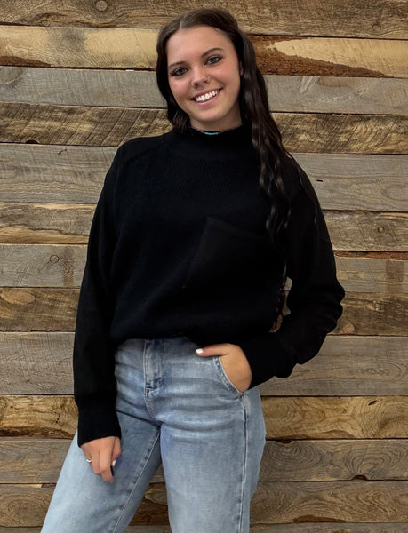 The Around Here Block Mock Neck Black Sweater