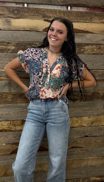 The Look Here Teal Mix Top