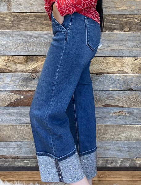 The Jill High Rise Wide Leg Rhinestone Jeans
