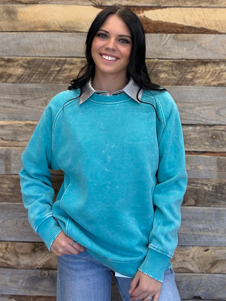 The We Went There Turquoise Acid Washed Fleece Sweatshirt