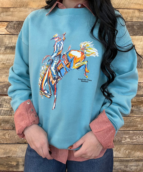 The Come Here CrissCross Chaos Bronc Steel Blue Sweatshirt