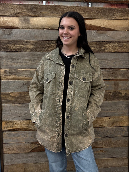 The Way To It Mineral Wash Button Olive Jacket