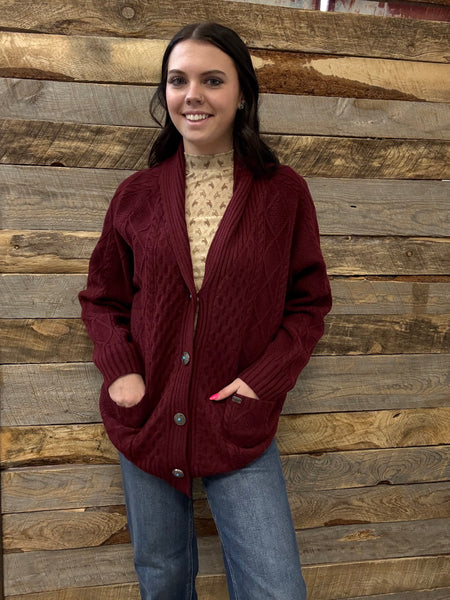 The Come Here Cable Knit Concho Burgundy Sweater Cardigan